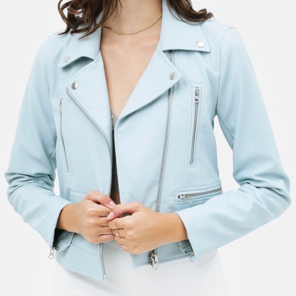 NWT light blue leather moto jacket